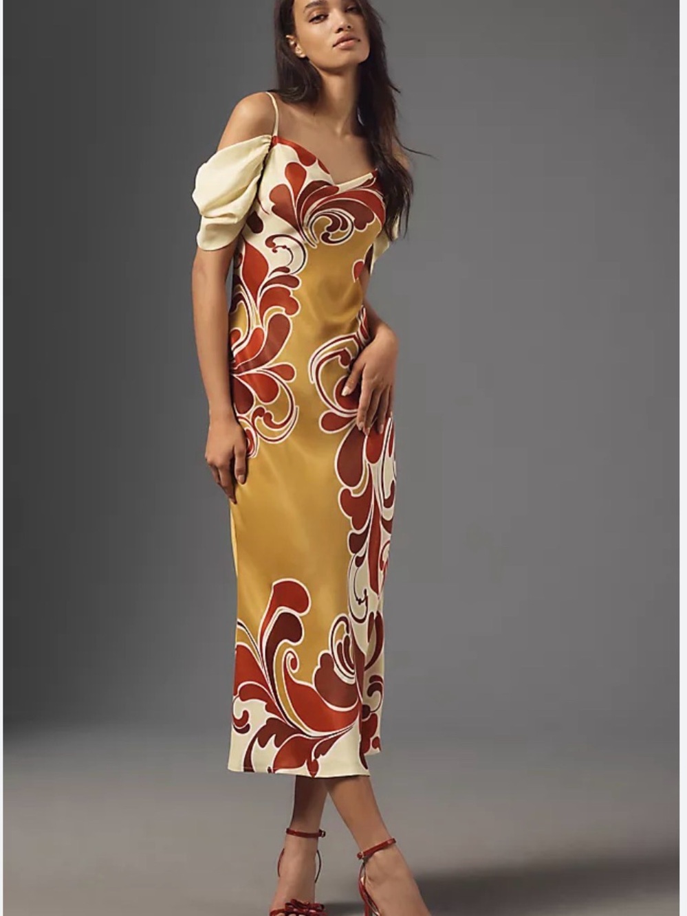 Floral Satin Midi Dress in Mustard & Rust